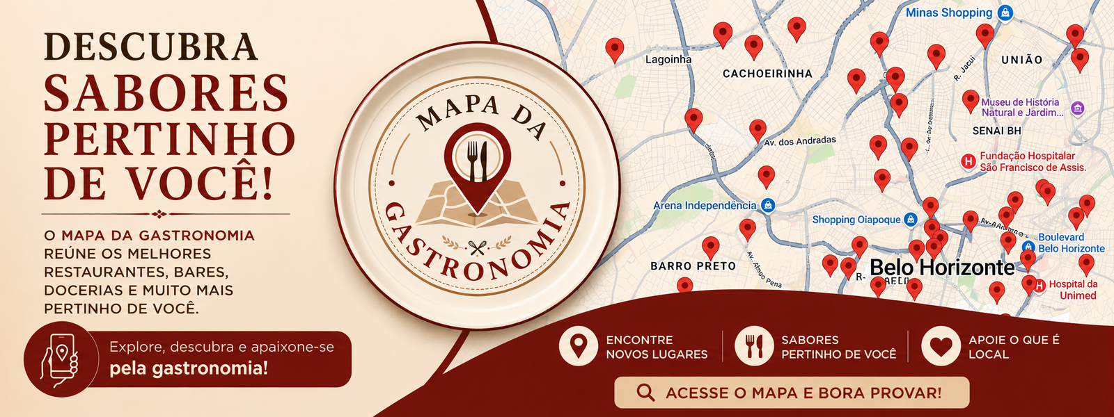 Frame 731 (1200) Mapa gastronômico de Belo Horizonte com marcadores vermelhos